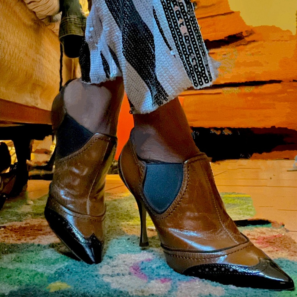 Dolce and Gabbana Coffee Brown and Black Pointed Toe Booties W/COA Sz 7.5